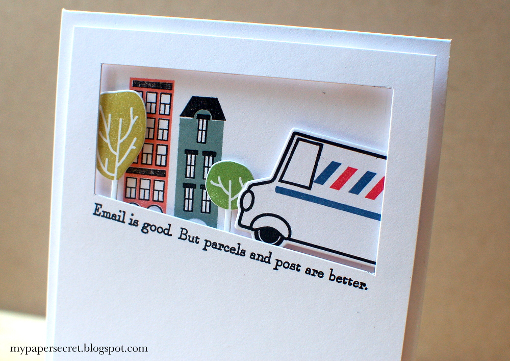 Cardstock: white<br />
Stamps: Special Delivery, City Scene<br />
Ink: melon berry, pure...