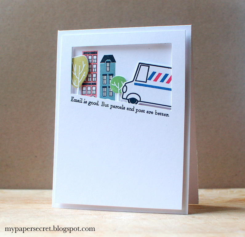 Cardstock: white<br />
Stamps: Special Delivery, City Scene<br />
Ink: melon berry, pure...