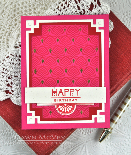 Paper: rustic cream, pure poppy, raspberry fizz<br />
Stamps: Background Basics: Art Deco,...