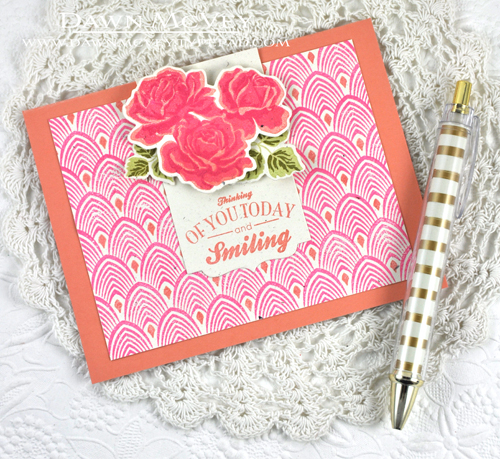 Paper: rustic cream, melon berry<br />
Stamps: Background Basics: Art Deco, We Go Together, The...