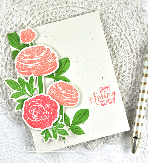 Paper: rustic cream<br />
Stamps: Birthday Classics: April, Cutting Garden<br />
Ink: melon...
