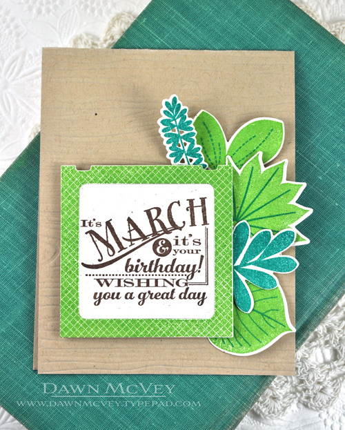 Paper: rustic cream, kraft<br />
Stamps: Birthday Classics: March, Leave It Be, Monthly...
