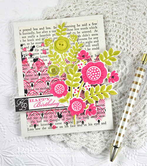 Paper: rustic cream, vintage book print<br />
Stamps: Birthday Classics: May, Initial Thoughts,...