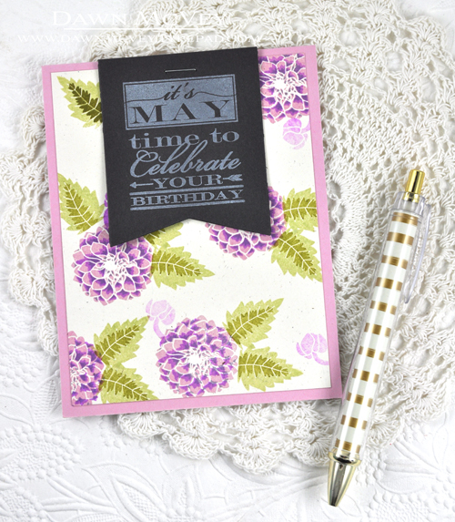 Paper: stamper&#039;s select white, smokey shadow, lavender moon<br />
Stamps: Birthday...