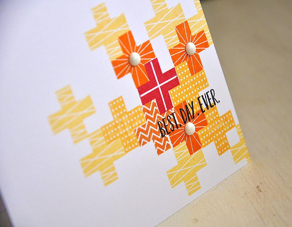 Stamps: Modern Cross Quilt and Bigger Blooms<br />
Ink: Pure Poppy, Canyon Clay, Orange Zest,...