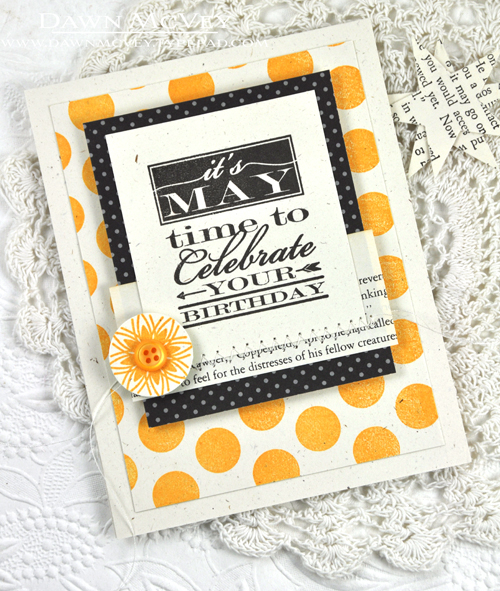 Paper: rustic cream, smokey shadow bitty dot, vintage book print<br />
Stamps: Birthday...