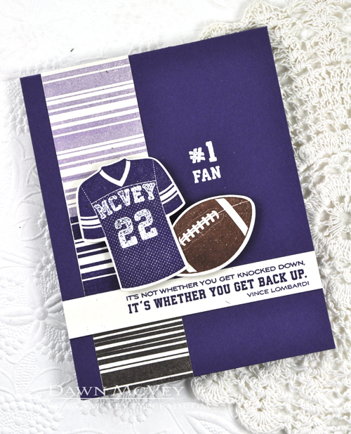 Paper: rustic cream, royal velvet<br />
Stamps: Background Basics: Random Stripes, Football...