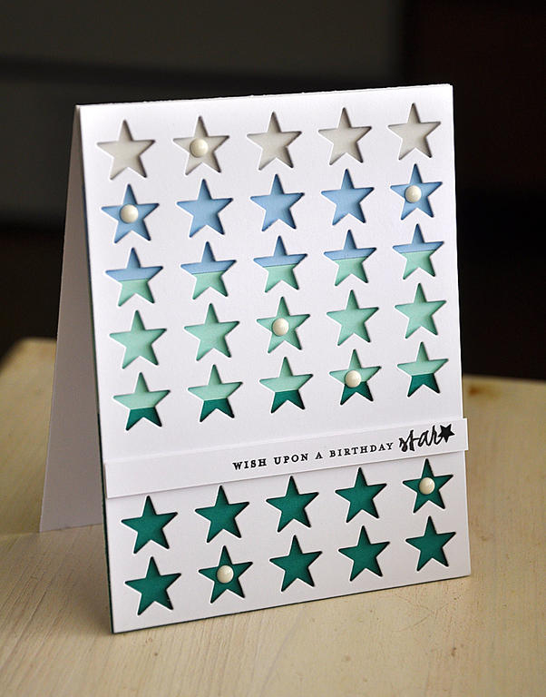 Stamps: Simple Stars<br />
Ink: True Black<br />
Carstock: Tropical Teal, Aqua Mist, Spring...