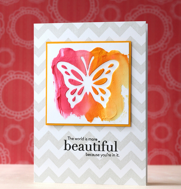 embossing paste<br />
cardstock: white, summer sunrise<br />
ink: true black<br />
white...