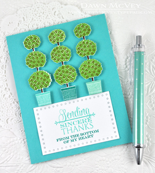 Paper: stamper&#039;s select white, hawaiian shores<br />
Stamps: Topiary Trio, Thank You...