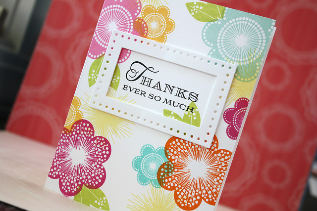 cardstock: stampers select white<br />
ink: raspberry fizz, hibiscus burst, orange zest, summer...