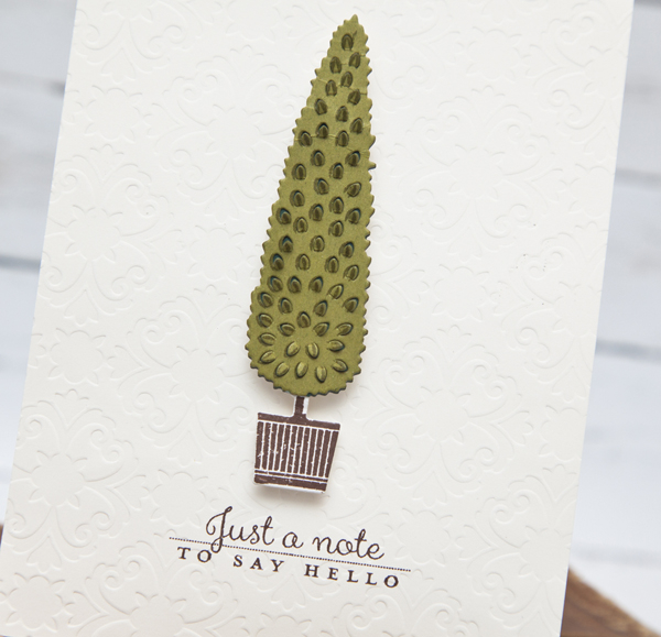 Supplies<br />
<br />
Stamps:Topiary Trio<br />
Ink: Ripe Avocado, Dark Chocolate<br />...