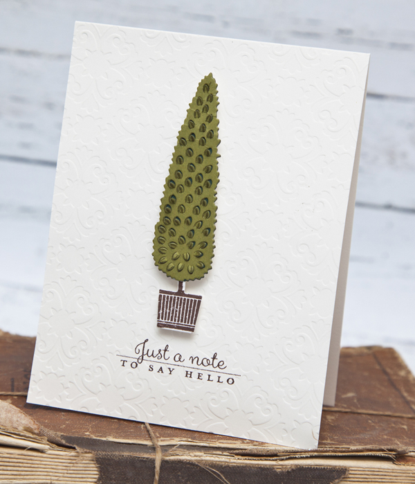 Supplies<br />
<br />
Stamps:Topiary Trio<br />
Ink: Ripe Avocado, Dark Chocolate<br />...