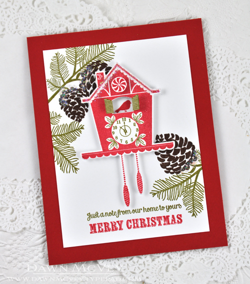 Paper: stamper&#039;s select white, pure poppy<br />
Stamps: Tick Tock, Peaceful Pinecones,...