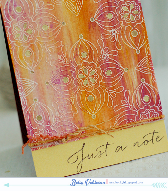 stamps: fancy that<br />
ink: versamark, plum staz-on<br />
cardstock:  watercolor paper, gold...