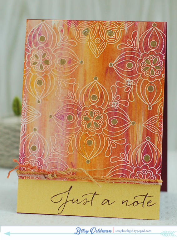 stamps: fancy that<br />
ink: versamark, plum staz-on<br />
cardstock:  watercolor paper, gold...