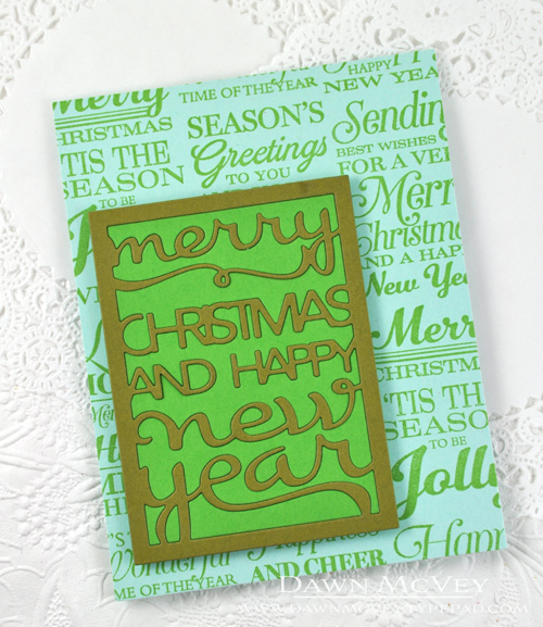 Paper: aqua mist, new leaf, ripe avocado<br />
Stamps: Season&#039;s Greetings<br />
Ink: new...