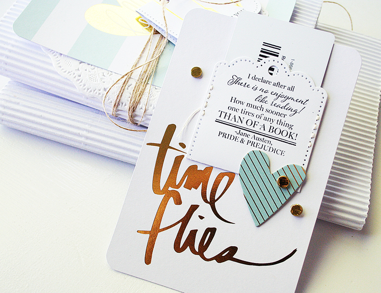 STAMPS: Book Club<br />
INK: True Black<br />
PAPER: Time Flies card - Heidi Swapp/Michaels<br...