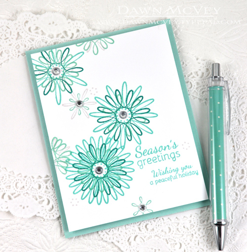 Paper: stamper&#039;s select white, aqua mist<br />
Stamps: Freshly Fallen Snow<br />
Ink:...