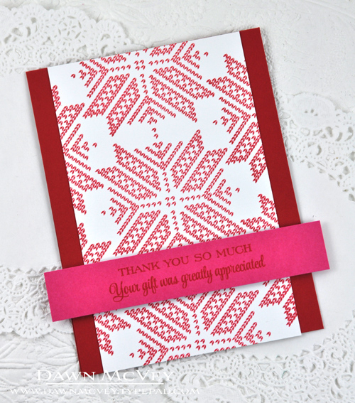 Paper: stamper&#039;s select white, pure poppy, raspberry fizz<br />
Stamps: Holiday Thanks,...