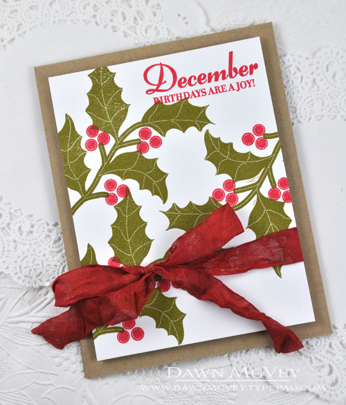 Paper: stamper&#039;s select white, kraft<br />
Stamps: Birthday Classics: December, Mistletoe...