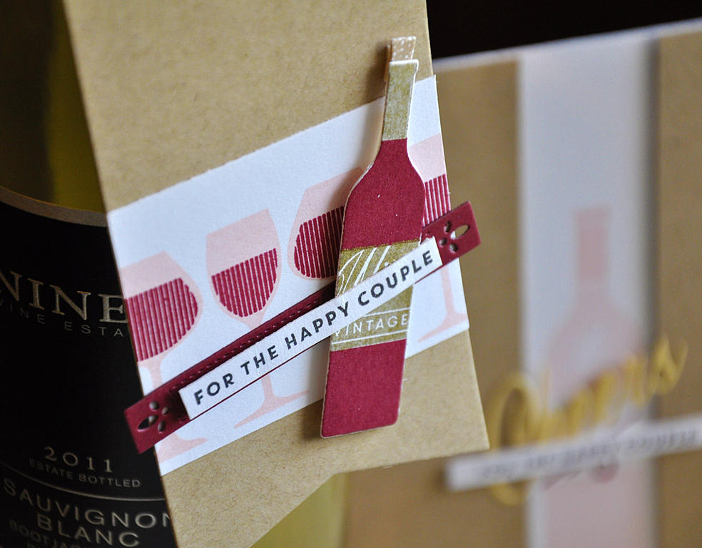 Happy Couple Wine Tag<br />
Stamps: Uncorked<br />
Ink: Scarlet Jewel, Sweet Blush, Gold and...