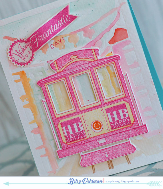 stamps: cable gram<br />
ink: raspberry fizz, hibiscus burst, harvest gold, orange zest, aqua...