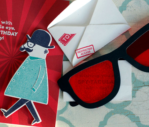 stamps: secret agent<br />
ink: tropical teal, pure poppy, true black, versamark<br />...