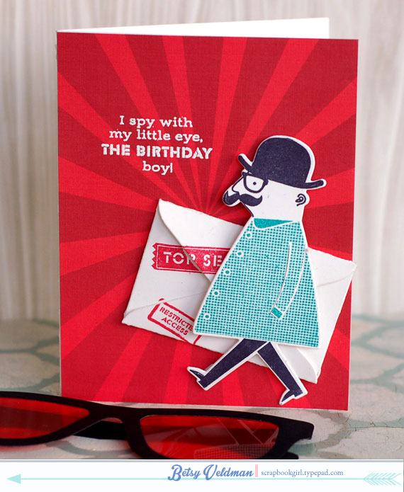 stamps: secret agent<br />
ink: tropical teal, pure poppy, true black, versamark<br />...