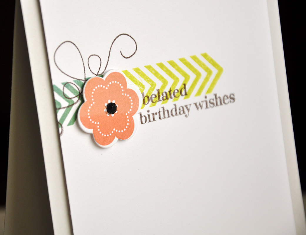 Stamps: Happy Notes, Keep It Simple: Belated Birthday and Stitched Swirls<br />
Ink: melon...