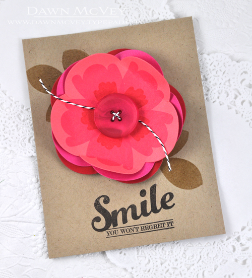 Paper: kraft, berry sorbet, raspberry fizz, pure poppy<br />
Stamps: Enclosed: Flower, Leave It...