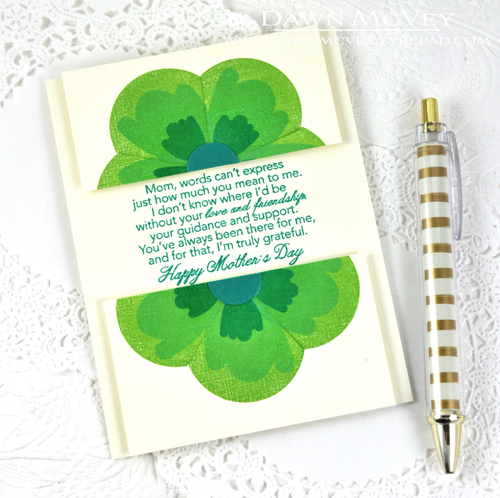 Paper: cream linen, tropical teal<br />
Stamps: Enclosed: Flower, Tucked In: Mother<br />
Ink:...