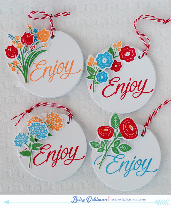 stamps: bitty bouquets<br />
ink: pure poppy, summer sunrise, blueberry sky, new leaf<br />...