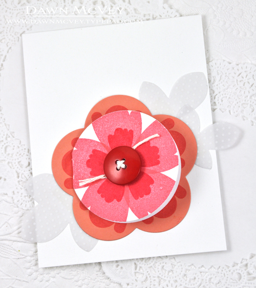 Paper: fresh snow linen, melon berry, bitty dot vellum<br />
Stamps: Enclosed: Flower<br />...