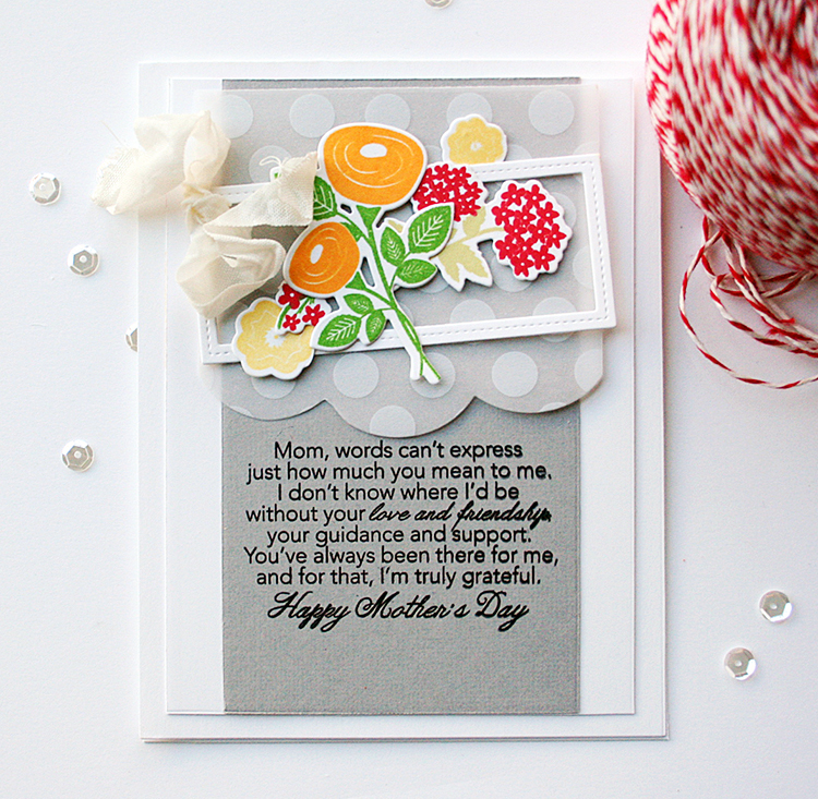 STAMPS: Tucked In: Mother: Bitty Bouquets<br />
INK: True Black, Harvest Gold, New Leaf, Pure...