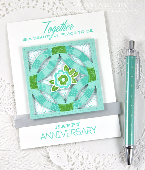 Paper: fresh snow linen, aqua mist, luxe silver<br />
Stamps: Quilted: Spring, Keep It Simple:...