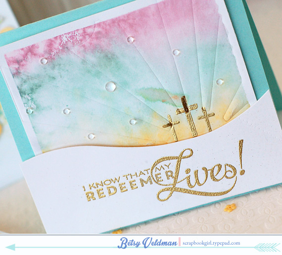 stamps: easter alleluias<br />
ink: harvest gold, aqua mist, lavender moon, versamark<br />...