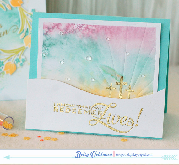 stamps: easter alleluias<br />
ink: harvest gold, aqua mist, lavender moon, versamark<br />...