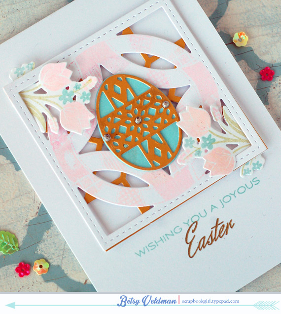 stamps: etched easter eggs, quilted: spring, bitty bouquets<br />
ink: versamark, aqua mist,...
