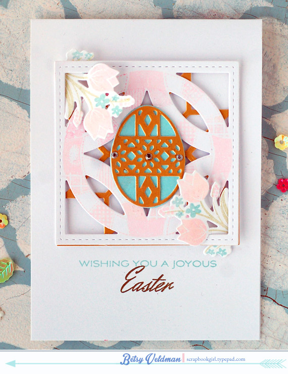 stamps: etched easter eggs, quilted: spring, bitty bouquets<br />
ink: versamark, aqua mist,...