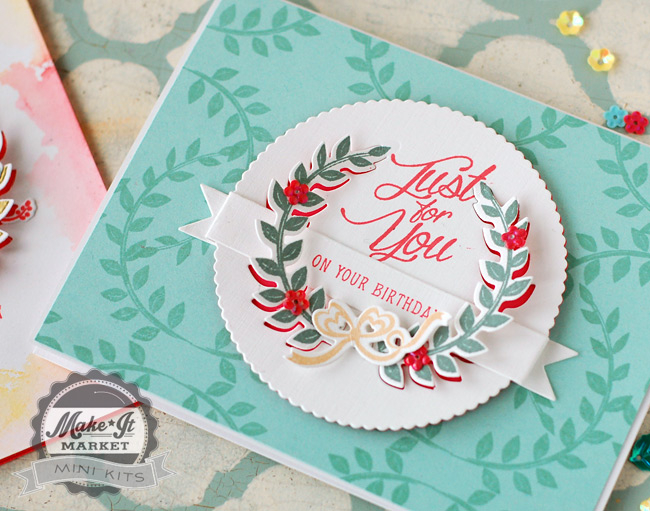 Stamps, dies, and embellishments from the Make It Market Mini: Lovely Laurels kit<br />
Ink:...
