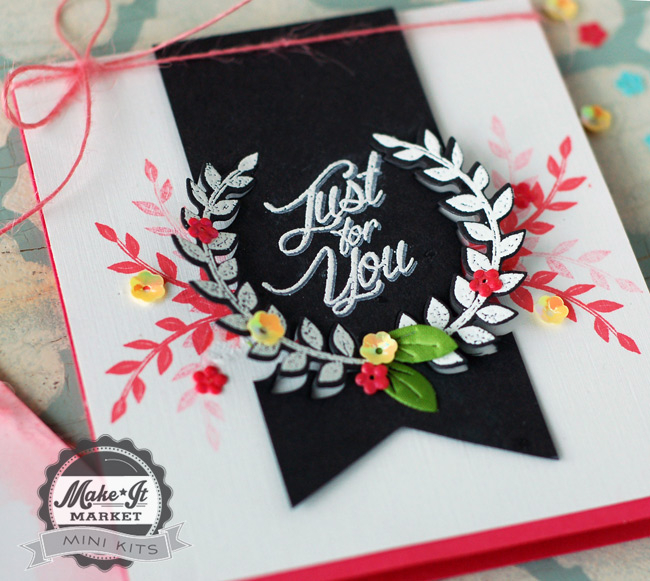 Stamps, dies, and embellishments from the Make It Market Mini: Lovely Laurels kit<br />
Ink:...