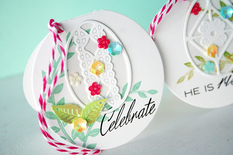 STAMPS: Etched Easter Eggs, Lovely Laurels<br />
INK: Aqua Mist, Spring Moss, New Leaf, True...