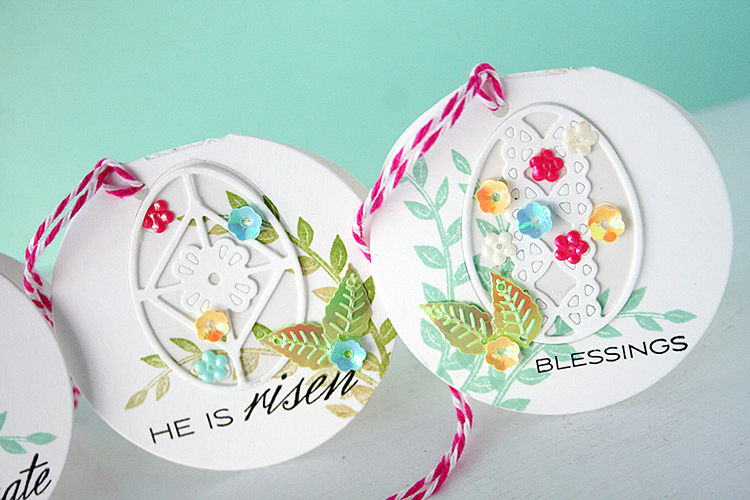 STAMPS: Etched Easter Eggs, Lovely Laurels<br />
INK: Aqua Mist, Spring Moss, New Leaf, True...