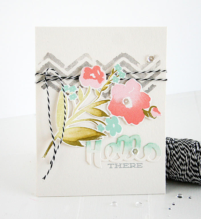 STAMPS: Brushed Blooms, Noted<br />
INK: Melon Berry, Sweet Blush, Aqua Mist, Spring Moss, Ripe...