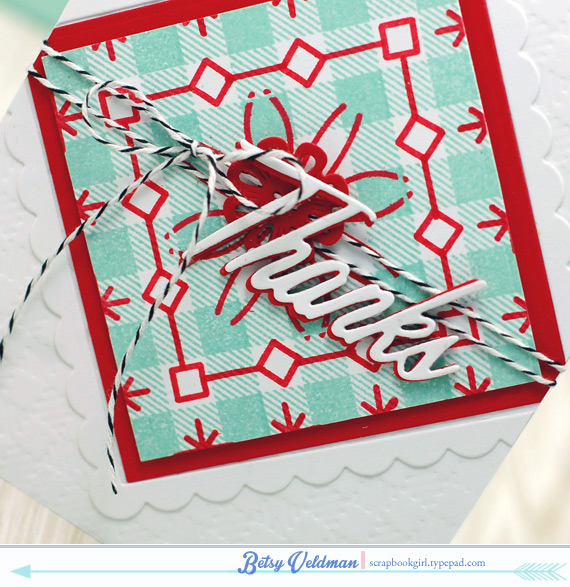 stamps: chicken scratch, background basics: super gingham<br />
ink: aqua mist, pure poppy<br...