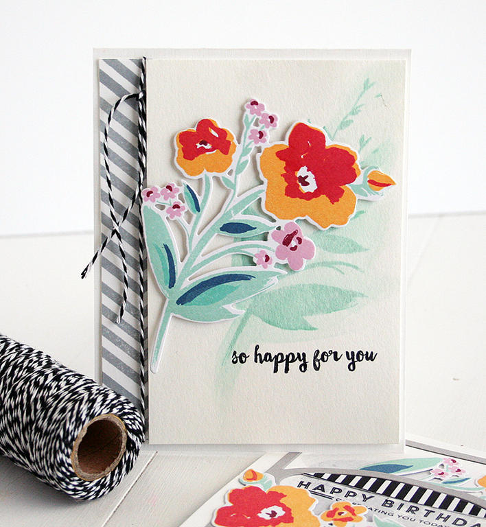 STAMPS: Brushed Blooms, Sentiment Splits, Noted<br />
INK: Aqua Mist, Summer Sunrise, Pure...