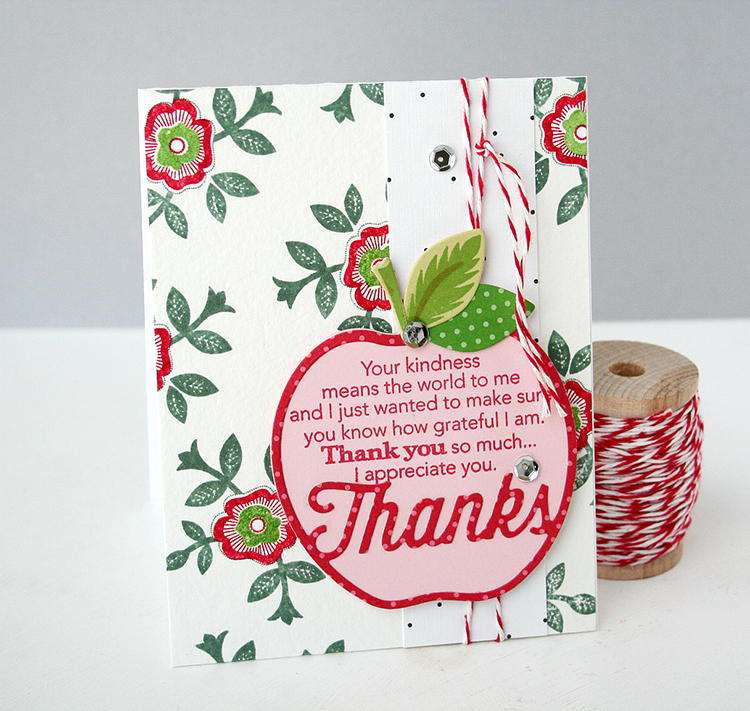 STAMPS: Enclosed: Apple, Tucked In: Thank You, Quilted: Spring<br />
INK: New Leaf, Ripe...