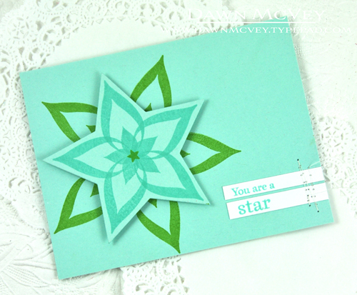 Paper: stamper&#039;s select white, aqua mists<br />
Stamps: Enclosed: Star<br />
Ink: new...