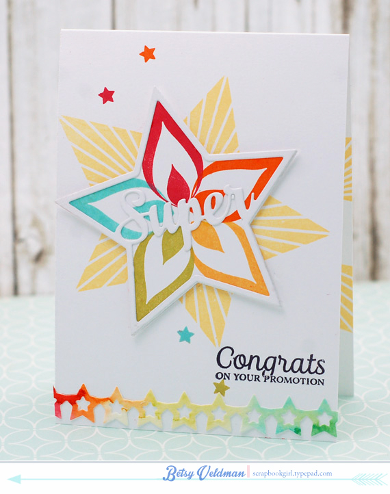 stamps: enclosed: star, watercooler talk<br />
ink: hawaiian shores, pure poppy, orange zest,...